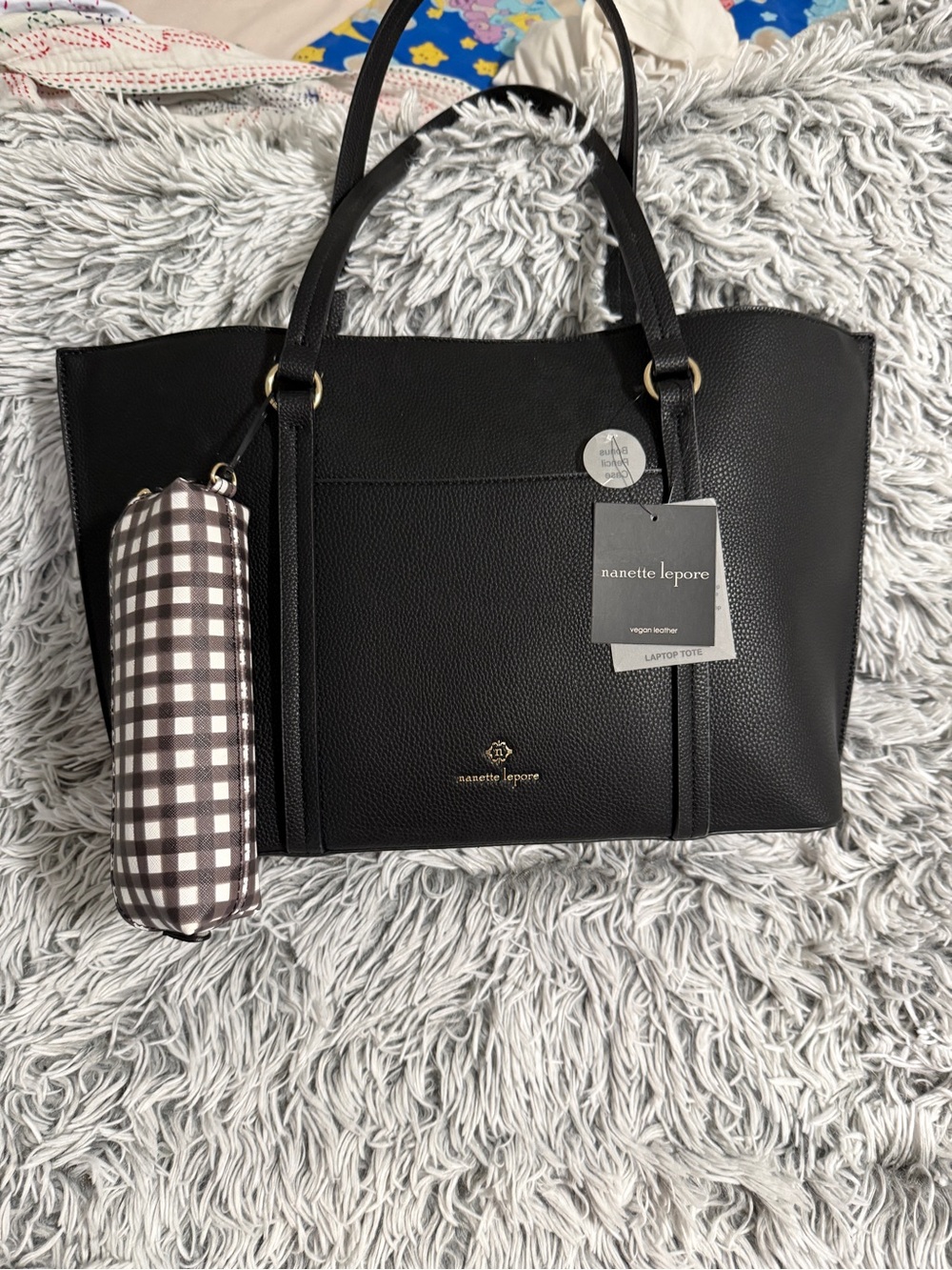 Nanette Lepore Black Vegan Leather Tote with Gold Accents